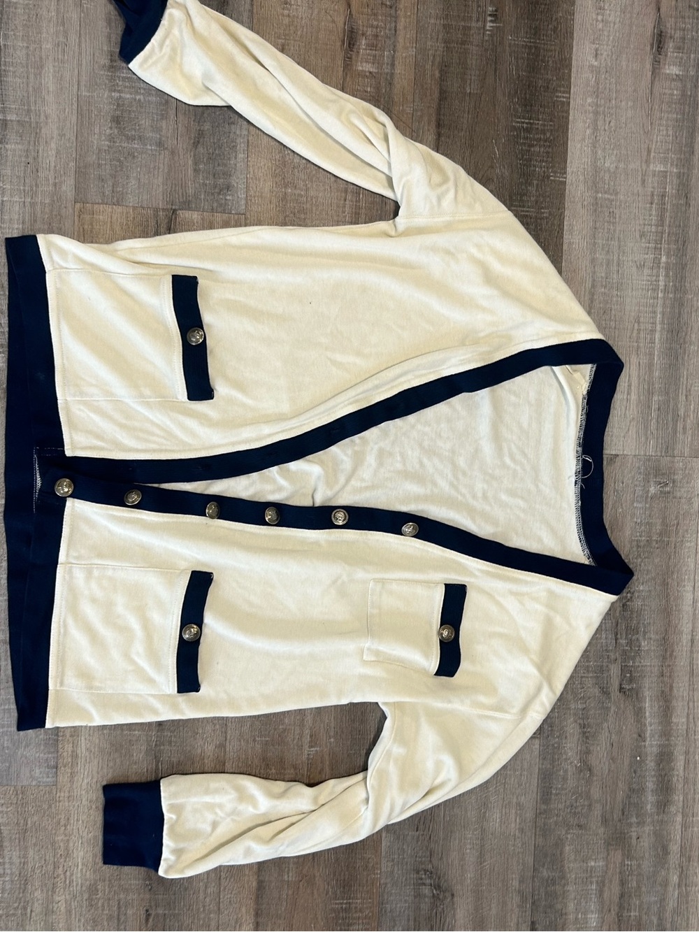 Cream and Navy Contrast Trim Cardigan Sweater